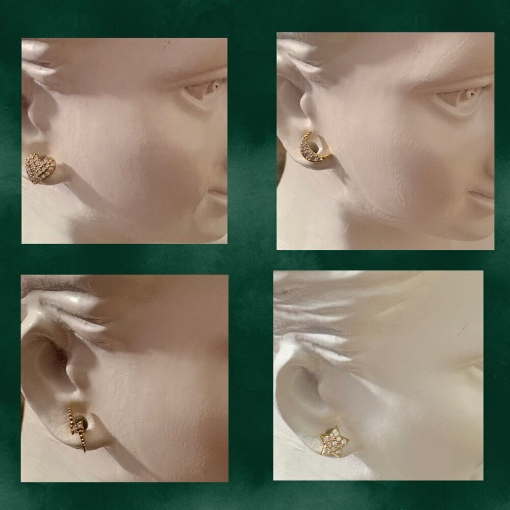 Nadri Mini Heart-Bolt-Star-Moon Pave Detail 18K Gold-Plate Brass Stud Earrings